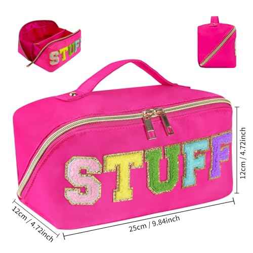 Preppy Stuff Makeup Bag, Stoney Clover Travel Toiletry Bag Pouch Chenille Letter Make Up Bags Girls Cute Cosmetic Bag Wedding Birthday Stocking Stuffers for Gifts Halloween Stuff (Rose Red)