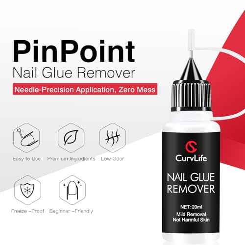 Curvlife 20ml Pinpoint Nail Glue Remover for Press on, Multi-Functional Remover for Nails Tips, Gentle Glue Remover for Gel x Nails, Non-Acetone Nail Polish Remover