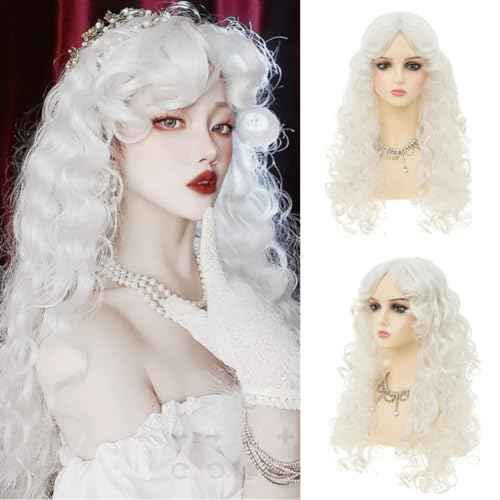 White Long Curly Wigs for Women With bangs Synthetic Queen Princess Middle Part Hair Wig for Cosplay Halloween
