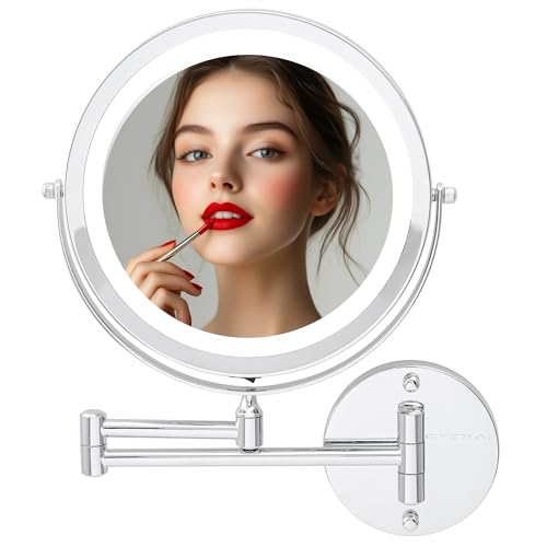 OVENTE Wall Mounted Lighted Makeup Mirror, 9" Double Sided 1X/10X Magnifying Vanity Mirror for Bathroom with LED Lights, Cordless, 360¡Æ Rotation and 13" Extendable Arm, Polished Chrome MFW85CH1X10X