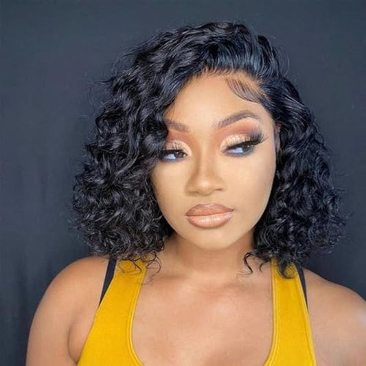 Water Wave Short Bob Wig Human Hair 13x4 Hd Lace Front Wigs Human Hair Pre Plucked 200% Density Deep Curly Lace Frontal for Black Women Glueless10INCH