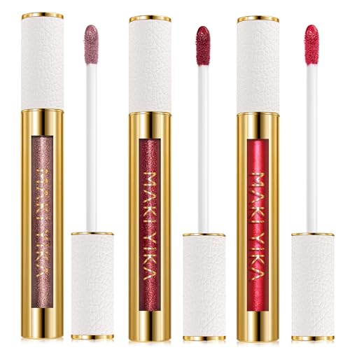 MAKI YIKA 3Pc Metallic Lipstick Long Lasting Nude Pink Red Glitter Lipsticks High Shine Lipstick No Smudge No Transfer Liquid Lip Gloss (Nude/Pink/Red)