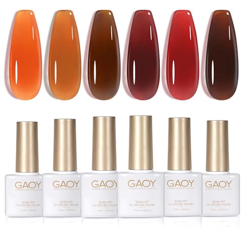 GAOY Jelly Tortoise Brown Gel Nail Polish Set, 6 Transparent Colors Dark Red Orange Pumpkin Soak Off UV Light Cure Gel Polish Kit for Salon and Nail Art DIY at Home