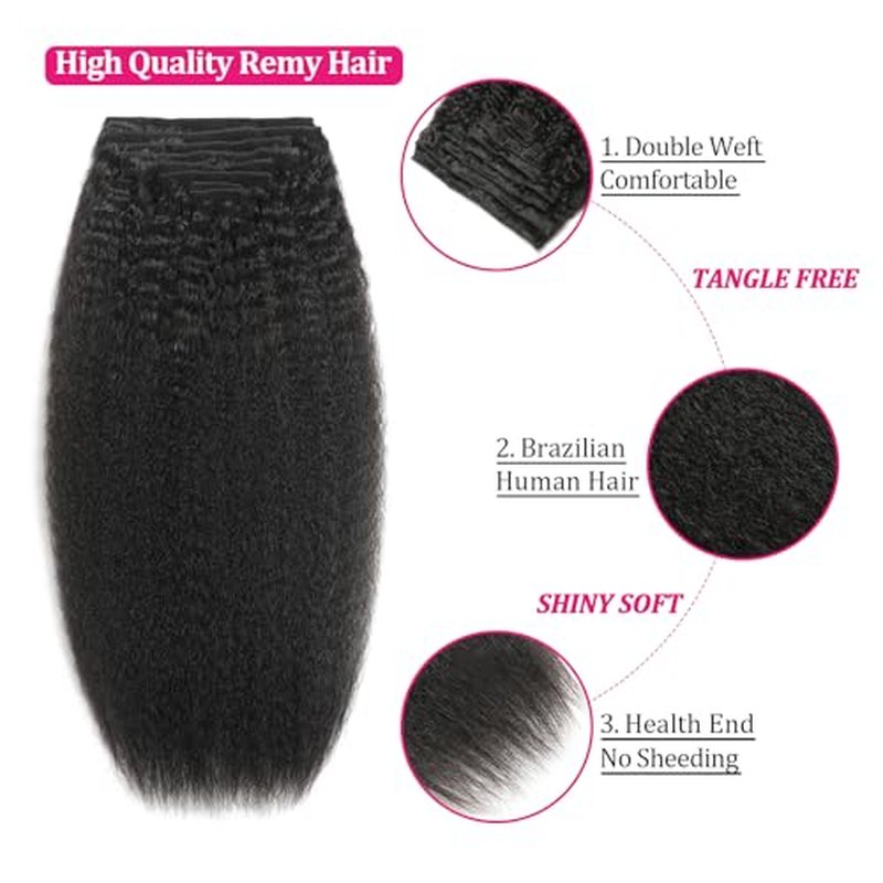 Kinky Straight Clip in Human Hair Extensions for Black Women 8Pcs 120g Seamless Kinky Straight Clip Ins 18Clips Double Weft Human Hair Full Head Hair Extensions (1B 22 Inch)