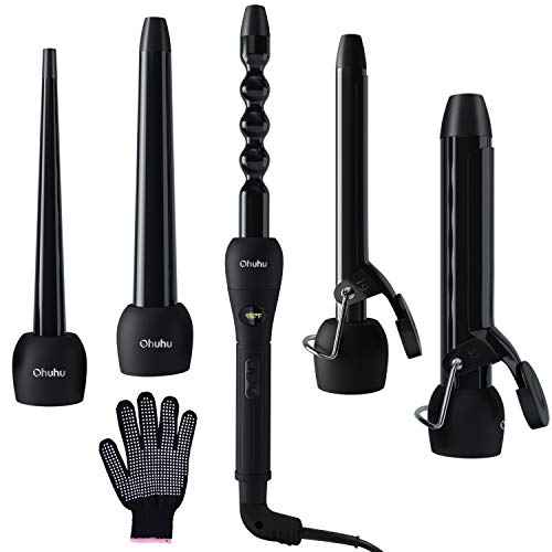 5 in 1 Curling Wand Set: Ohuhu Curling Iron Wand LCD Temperature Display 5Pcs 0.35 to 1.25 Inch Interchangeable Ceramic Barrel Heat Protective Glove for Girls Women Mother Gift Black