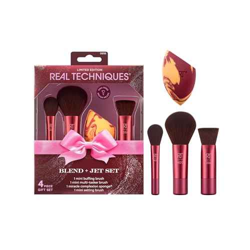 Real Techniques Blend + Jet Set Travel Makeup Brush & Sponge Set, 4 Piece Mini Holiday Gift Set for Foundation, Blush & Setting Powder, Compact & Travel Friendly, Cruelty-Free & Vegan