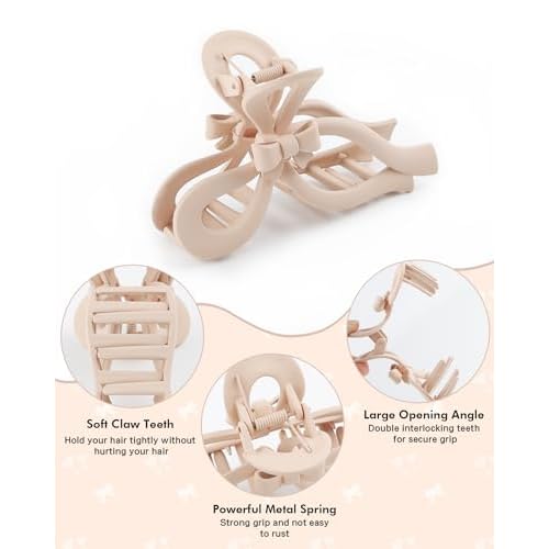 4 PCS Bow Hair Clips for Women Bow Claw Clip 5" Large Hair Claw Clips for Thick and Long Hair Cute Bows Jaw Clip (Dark Apricot + Khaki + Coffee + Black, 5" Extra Large)