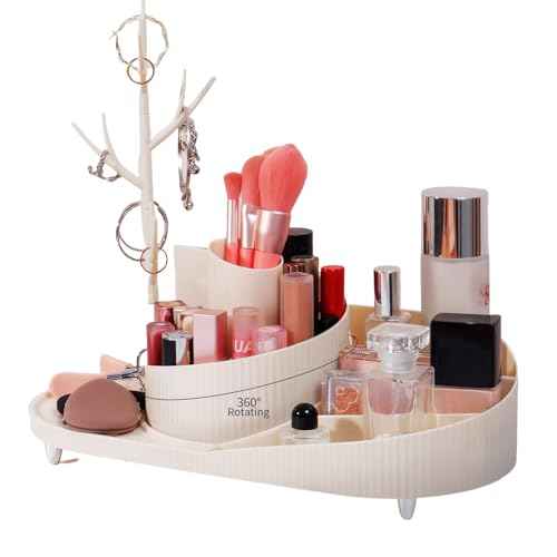 360¡Æ Rotating Makeup Organizer with Jewelry Stand,Thickened Plastic Material£¬Large Capacity Cosmetic Storage Box, Portable Vanity Case for Makeup, Skincare, Jewelry, Perfect for Home and Travel