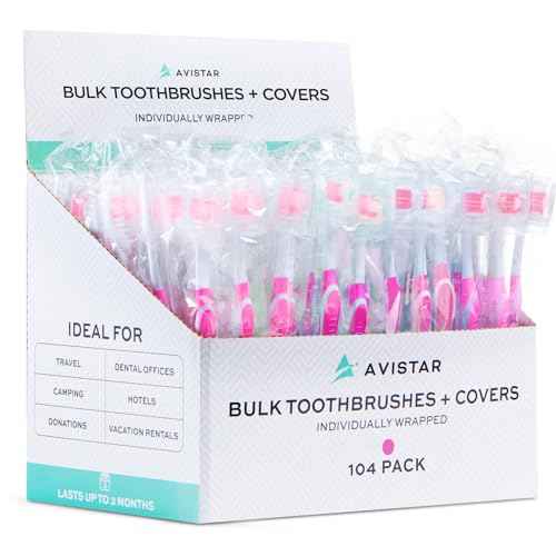 104 Pack Bulk Toothbrushes w/Cover Caps, Individually Wrapped Disposable Travel Toothbrush, Value Size, Long Lasting 3+ Months, Med-Soft Manual Teeth Brush Bristles - Pink