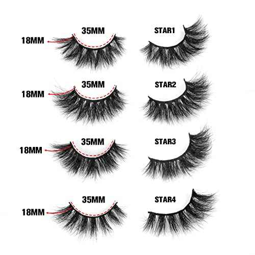 18mm Mink Lashes 3D Real Mink Eyelashes Cat Eye Fluffy Cross False Eyelashes Wispy Soft Reusable Luxury Volume 5D Fake Eyelashes (Star, 4 Pairs)