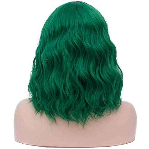Mildiso Dark Green Wigs for Women Short Curly Wavy Bob Wig with Bangs Cute Synthetic Wig for Daily Party M073