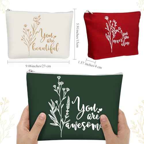 Coume 10 Pcs Boho Flower Canvas Makeup Bags Bulk, Christmas Aesthetic Inspirational Quotes Cosmetic Zipper Encouragement Travel Pouch Toiletry Bag Women Teacher Friend Birthday Gift