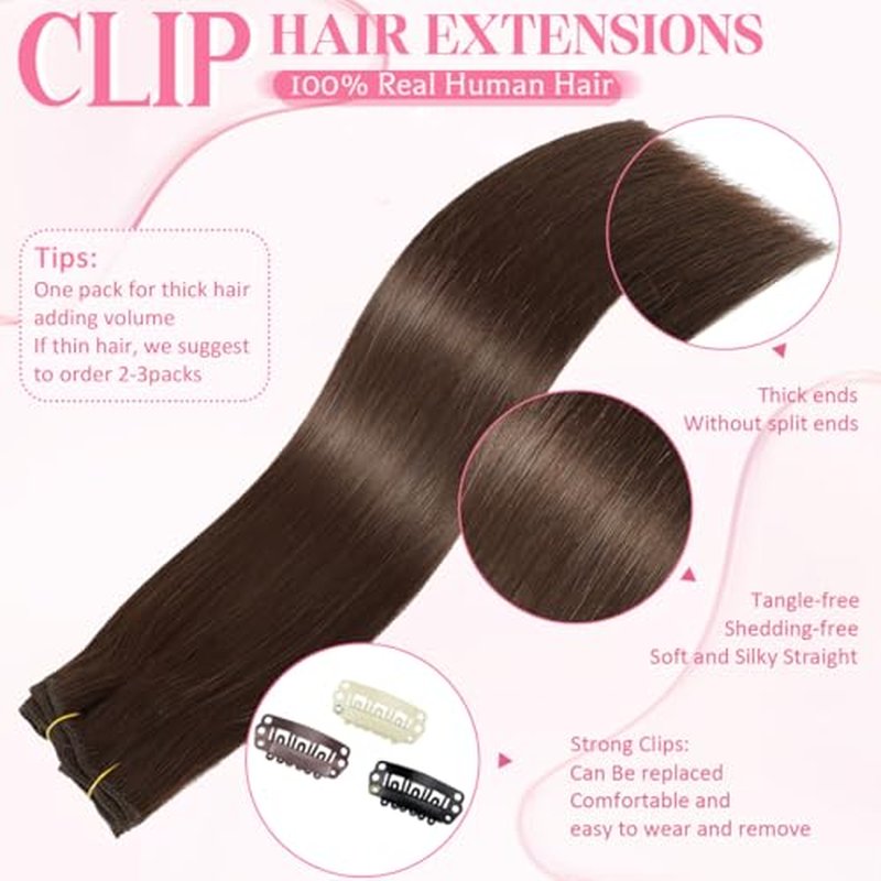 Clip in Hair Extensions Real Human Hair 3.6oz/100g Clip ins 100% Brazilian Remy Human Hair Extension for Women 8pcs Per Set with 18 Clips Double Weft (18 Inch #4 Chocolate Brown)