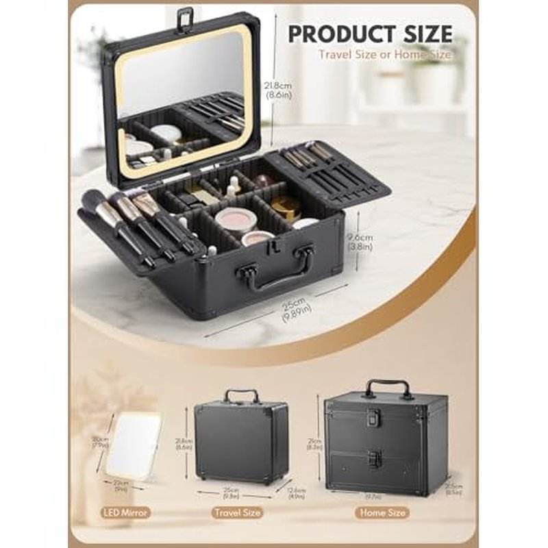 OMIRO Makeup Case, Makeup Bag with Light Up Mirror Set, Makeup Organizer Bag with Magnet Makeup Mirror for Women and Girls