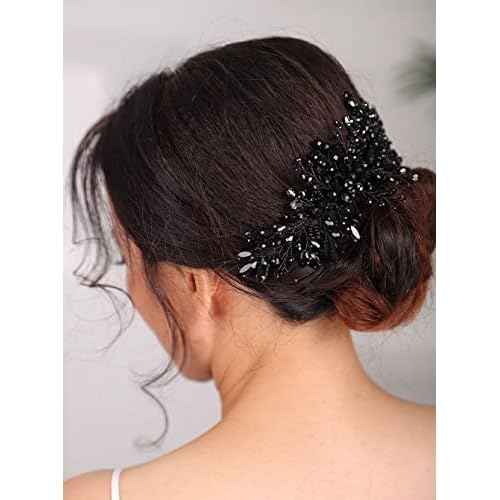 Teyglen Women Dainty Black Rhinestones Crystal Bride Wedding Hair Comb Headband Luxurious Hair Accessories Shiny Black Rhinestones Crystals Bridal Side Hair Combs for Women Bride Girls
