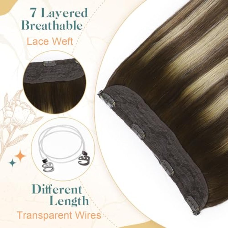 Sindra Wire Hair Extensions Real Human Hair 14Inch 70g Balayage Medium Brown Mix Caramel Blonde Fishing Line Extensions With Adjustable Clips Wire14#4/27/4