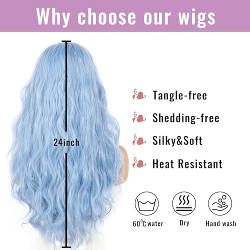 SAPPHIREWIGS Blue Wavy 13¡¿4 Lace Front Wig Long Hair Ice Blue Wigs for Women Heat Resistant Hair Daily Use Cosplay Party Halloween Wig 24inch