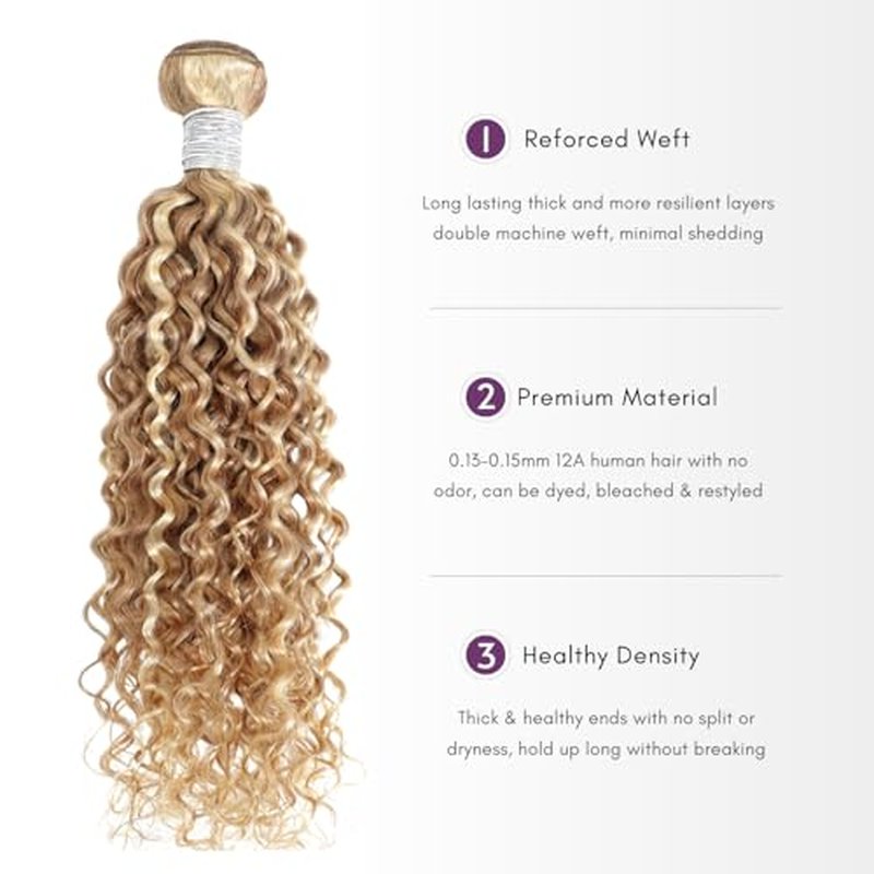 27/613 Ombre Blonde Bundle Human Hair Water Wave, 13A Grade Highlighted Multi-Blonde Human Hair Wet n Wavy Curly Single Bundles 100% Raw Brazilian Silky Colored Hair Weaves Extension 14 Inch