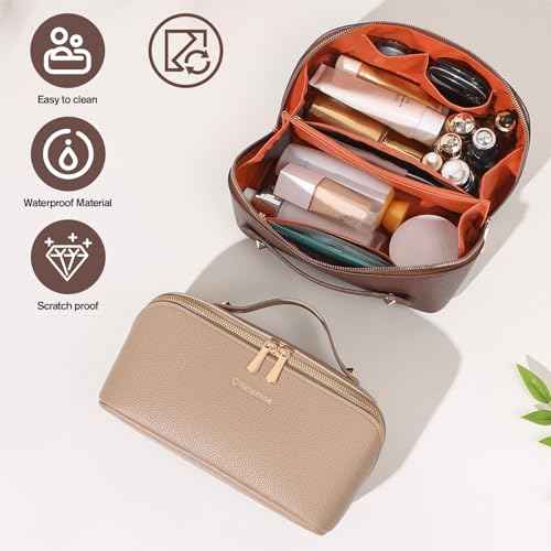 Makeup Bag, Travel Toiletry Bag for Women, Large Capacity Waterproof PU Leather Cosmetic Bags Make Up Organizer Bags with Headband and Wristband Set (Black, Lychee Pattern)