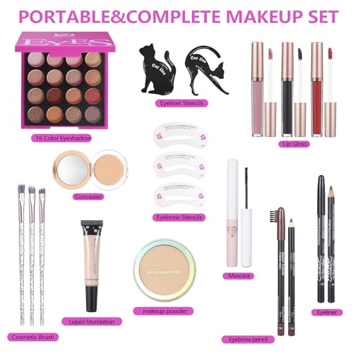 Makeup Kit Set For Teens, Make Up Gift For Women,Includes Eyeshadow Palette, Lip Gloss, Mascara, Eyeliner, Foundation, Concealer, Brushes Set (kit0161)
