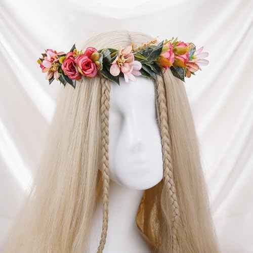 Handmade Fairy Flower Crown - Red Pink Flower Headband with Ribbon Woodland Rose Floral Headpiece for Women Girls Wedding Renaissance Hair Accessories Birthday Party Photo Props