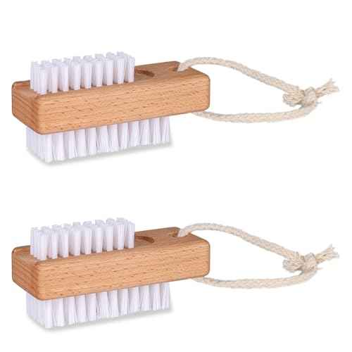 Wooden Nail Brush set, Two-Sided Wooden Fingernail Nail Scrubber Brush with Hanging Rope, 2 Pack Stiff Nail Brush for Cleaning Toes and Fingernails