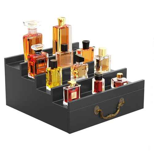 ONKO Cologne Stand for Men,Fragrance Display Stand for Men,Black Cologne Storage Shelf,4-Tier of Elevated Perfume Holder with Drawer,Wooden Fragrance and Watch Shelf Organizer,Room Decor Accessories