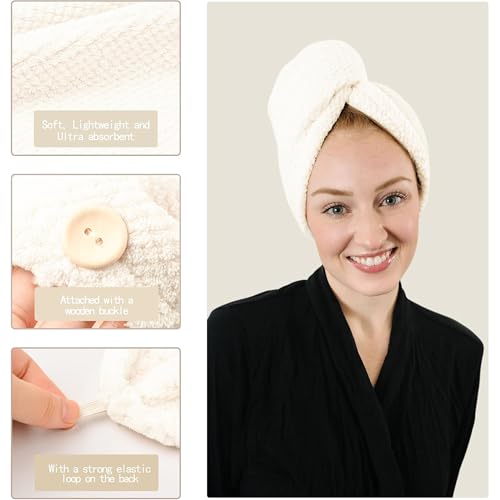 Extra Large 4 Pack Microfiber Hair Towel Wrap for Women Super Absorbent & Quick Dry Hair Drying Towels with Button, Hair Turbans for Curly Hair Long & Short Hair - Anti-Frizz