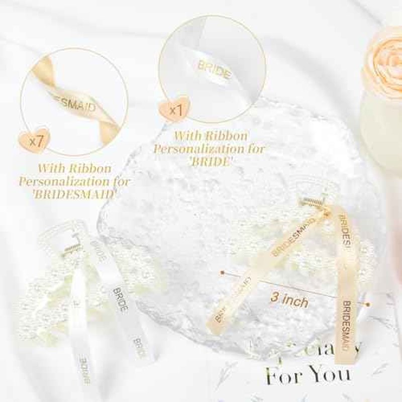DEEKA Bridesmaid Proposal Gifts 8 Pack Pearl Bridesmaid Hair Claw Clips with Ribbon 3 Inch Hair Clips Bachelorette Party Favors Bridal Party Present Hair Accessories (Half Circle White&Champagne)