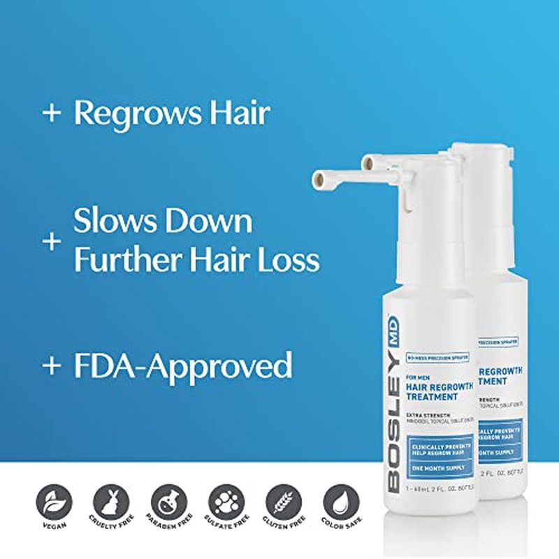 BosleyMD Minoxidil Spray, Extra Strength Thinning Treatment/Hairspray for Hair Loss and Hair Regrowth for Men and Women, Topical Solution, No Mess Sprayer, 2-Pack, 2-month Supply