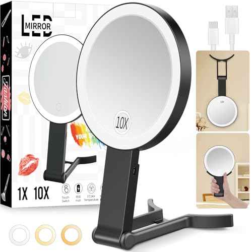 Travel Makeup Mirror with Lights, Lightened 10X/1X Double Sided Magnifying Mirror with 3 Colors, Brightness Adjustable Portable LED Mirror Gifts for Her Women Girls (Black)