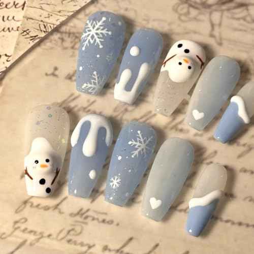 Christmas nail art handcrafted wearing armor, blue snowman fresh and cute, detachable phototherapy nail patch 10pcs (Size : L)