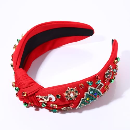 Jeweled Plaid Embellished Crystal Pearl Knotted Wide Top Knot Headband for Women - Holiday Hair Accessory Gift (Big Xmas Tree 4)