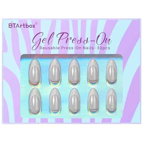 BTArtbox Press On Nails Almond - White French Tip Soft Gel Nails, Chrome Glue On Nails for Gifts, Natural Reusable Glazed Stick On Nails in 15 Sizes - 30 Fake Nails Kit, White Swan