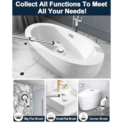 Shower Scrubber with Long Handle for Cleaning Bathroom, Electric Spin Scrubber Cleaning Brush with IPX7 Waterproof & 2Speed, 3Brush Heads, Bathroom Cleaning Supplies for Shower Tub Kitchen Tile Toilet