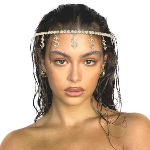 Gold Headpiece Dollar Sign Head Chain Bling Money Dangle Rhinestone Head Jewelry Sparkly Prom Party Hair Accessories for Women Girls