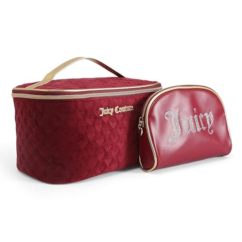 Juicy Couture Red Makeup Bag Cosmetics Organizer Travel Essentials Train Case Coin Purse Velour Heart Faux Leather Rhinestone