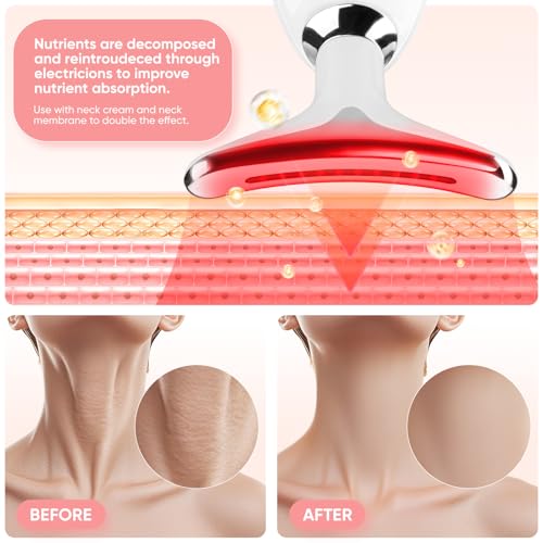 Face and Neck Massager Tool, 7 Colors LED Light Therapy Wand for Wrinkles, Double Chin, Portable Facial Massager with Vibrating and Thermals for Skin Care, Glossy White