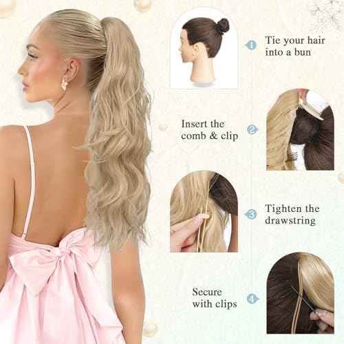 SOFEIYAN Drawstring Ponytail Extension 24 Inch Wavy Curly Clip on Hairpiece Comb Clip in Ponytail Extensions Layered Fluffy Thick Pony Tails Hair Extension Synthetic Hairpieces for Women-Blonde Mixed
