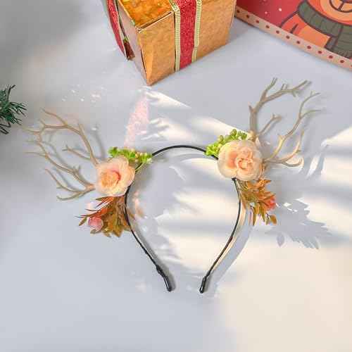 Yumikoo Deer Ears Antlers Christmas Headband - Flower Christmas Costume Hair Accessories for Women