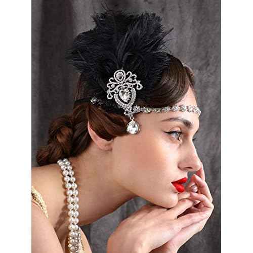 SWEETV 1920s Feather Headpiece Black, Womens Ostrich Feather Crystal Headband, Great Gatsby Hair Accessories for Women, Ribbon Tie
