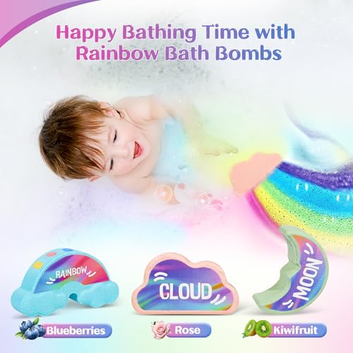Rainbow Bath Bombs for Kids - 9 Pcs Handmade Natural Kids Bath Bombs, Organic Bubble Bath for Girls, Christmas Gifts for Kid Girls, Stocking Stuffers