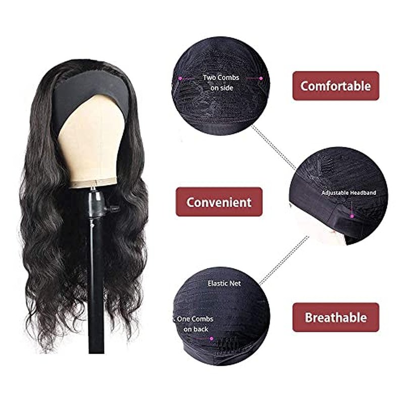 feibin Headband Wig Human Hair Wigs for Black Women Human Hair Headband Wig Body Wave 18 Inch Wear and Go Wigs Glueless Human Hair Wig Machine Made None Lace Front Wig Natural Color 150% Density