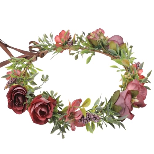 Fairy Flower Crown Headband - Red Purple Rose Floral Headpiece with Ribbon Forest Flower Headbands for Women Girls Renaissance Costume Cosplay Wedding Festival Party Headdress