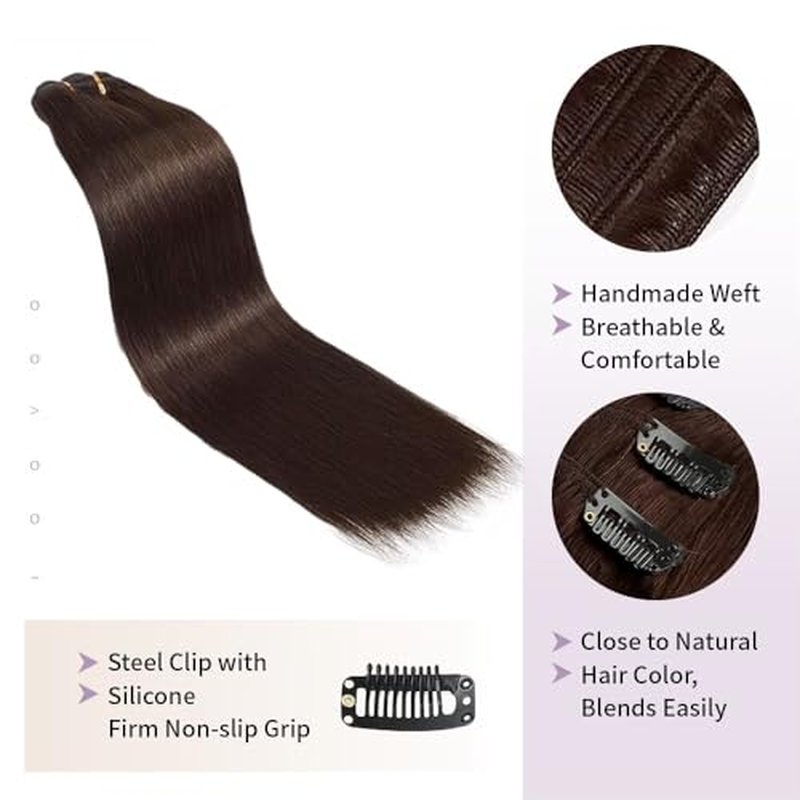 Remy Hair Extensions clip ins Hair Etensions for Women ailiceehr Dark Brown Double Weft Natural Hair Extensions Straight 8Pcs Soft and Thick 14inch 75g.