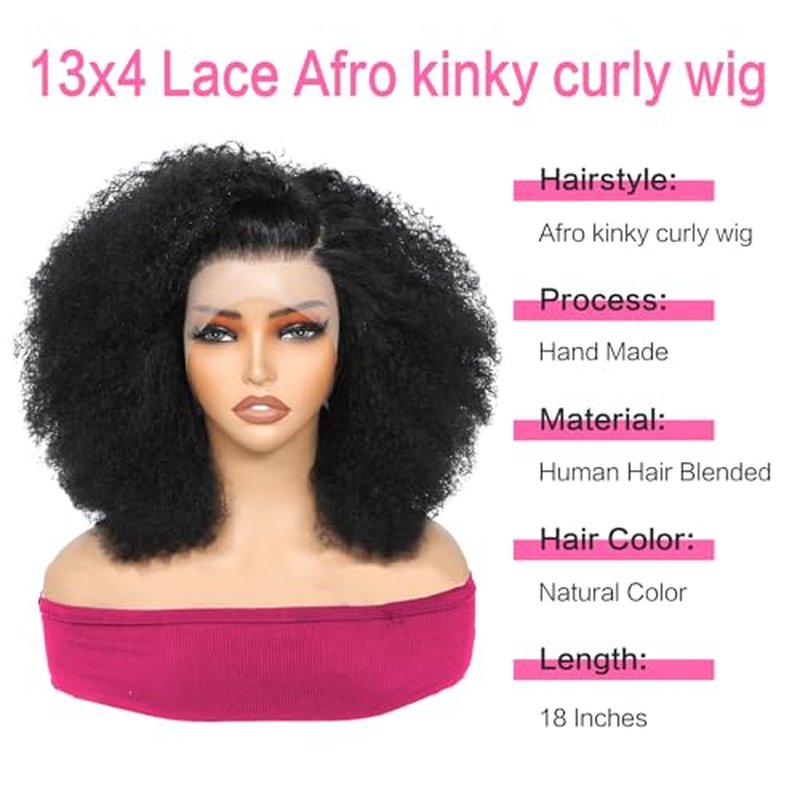 Afro Kinky Curly Wig 13x4 Lace Front Wigs 180% Density Human Hair Blended Kinky Curly Lace Frontal Wigs for Black Women 18 Inch Natural Black