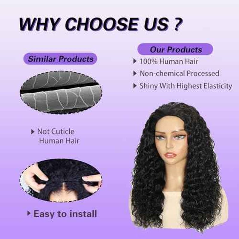 Deep Wave Half Wig Human Hair 3 In 1 Seamless Flip Over Half Wigs 180 Density 26 Inch Drawstring Curly Half Wigs for Women Human Hair Glueless Wear and Go Half Up Half Down Headband Wig Human Hair