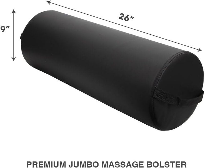 Jumbo Full Round Bolster Pillow - Oil & Stain-Resistant for Massage & Yoga | Black, 9” R x 26” L