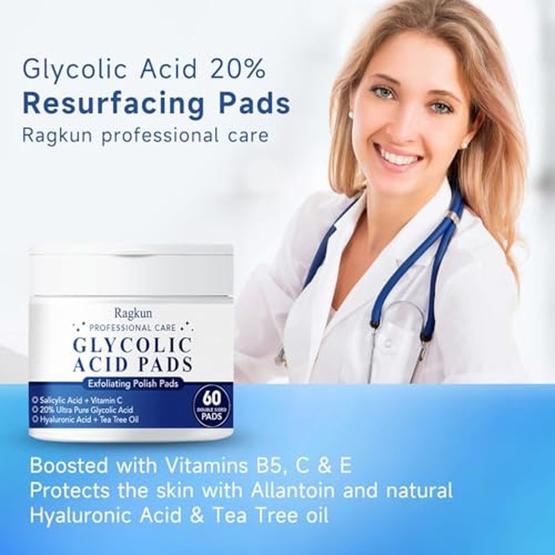 Glycolic Acid Pads, Exfoliating Resurfacing Pads for Face with Salicylic Acid Pad with Tea Tree Oil, Exfoliating Face Peel & Radiance Deep Cleaning Effect, 60 Count
