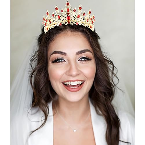 CURASA Crystal Tiaras and Crowns with Comb Princess Crown for Women Rhinestones Wedding Crown for Bride Birthday Crowns for Women Girls Royal Queen Crowns for Custome (Red)